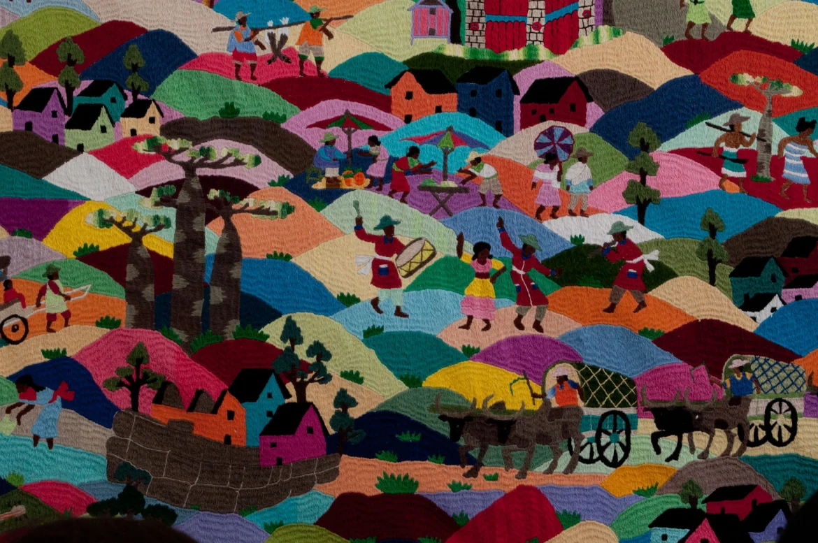 Historia y cultura de Madagascar Colorido tapiz bordado a mano con los iconos de la cultura malgache